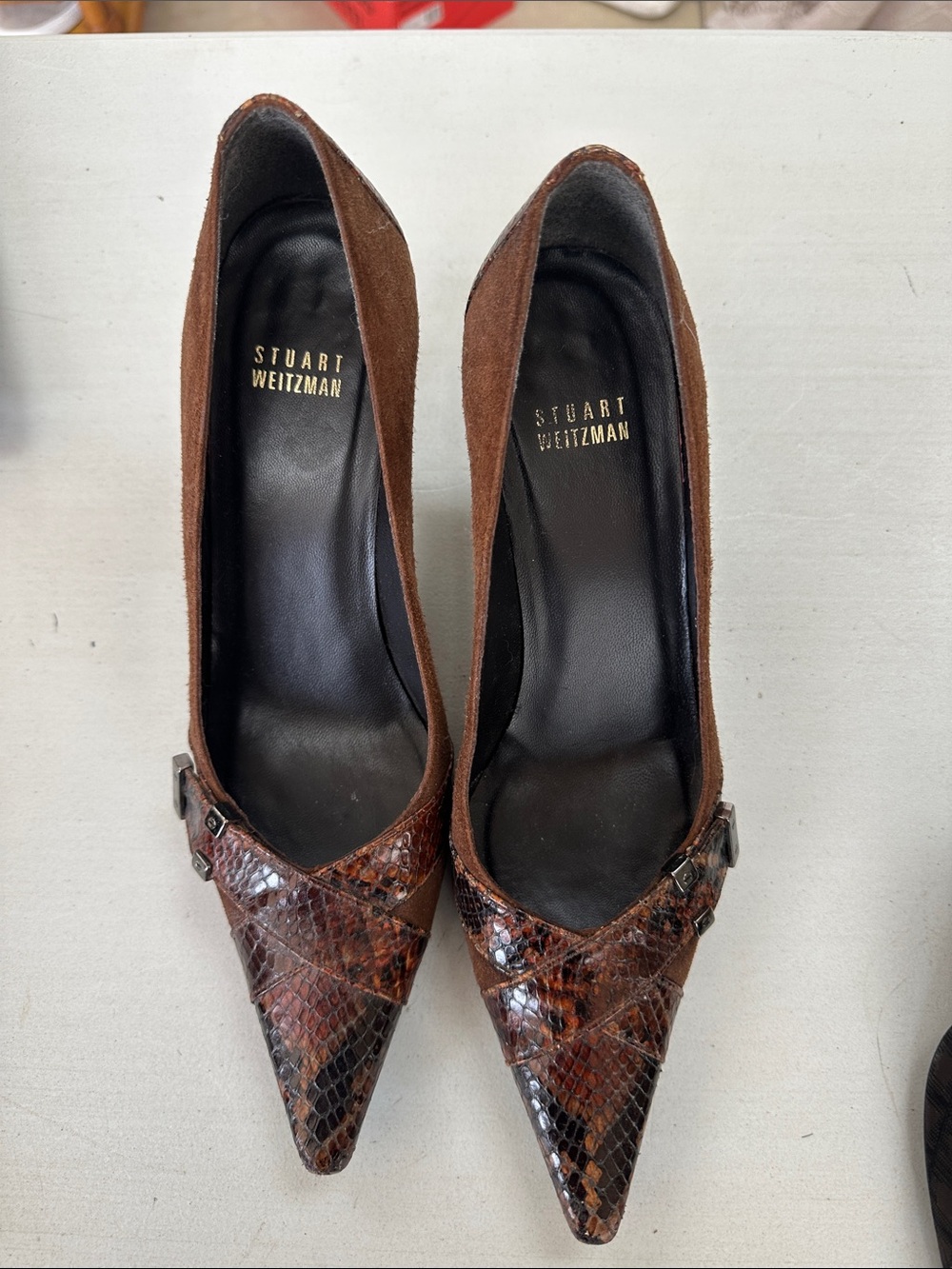 Stuart Weitzman Brown Suede Pumps with Brown Snakeskin Pointed Toe